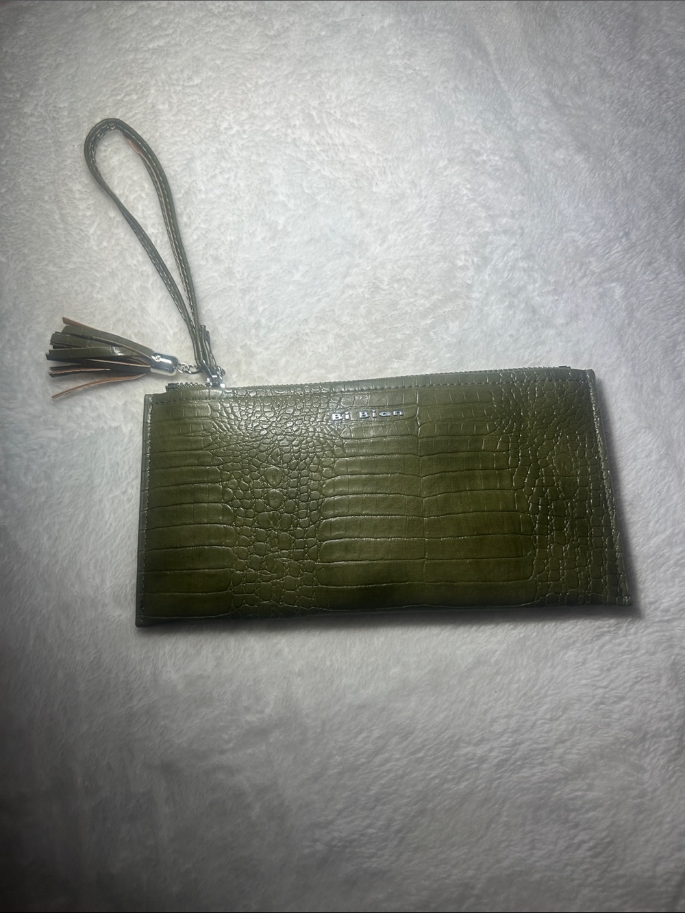 Olive Croc-Embossed Wristlet Card Holder with Tassel